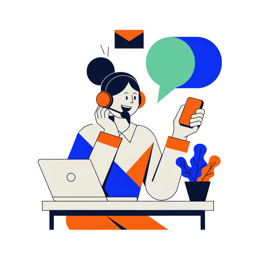 Ilustração: atendente com headset falando ao telefone e respondendo mensagens no computador