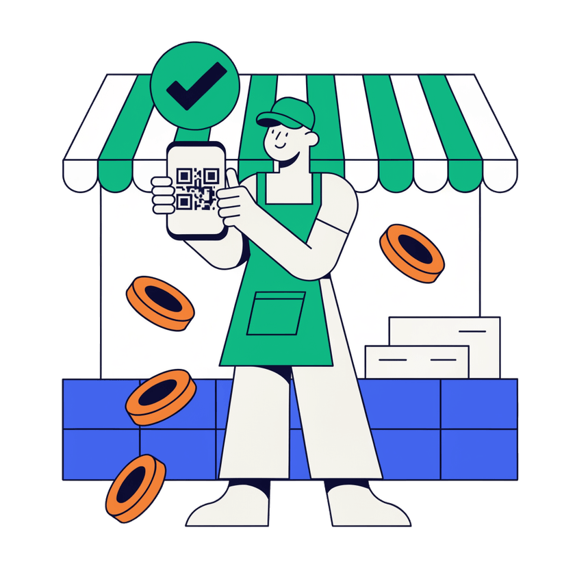 Ilustração: comerciante credenciado, de avental, mostrando no celular o QR Code de pagamento com um selo verde de aprovação